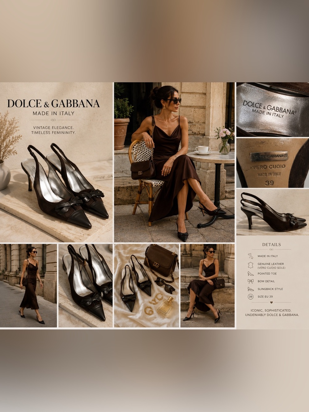 Vintage Dolce & Gabbana Brown Suede Bow Slingback Heels Size 39
